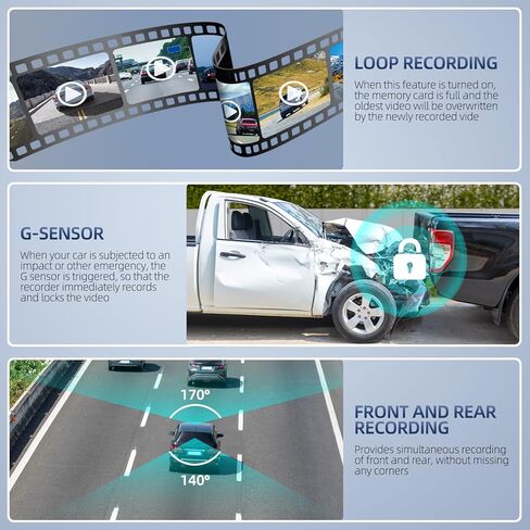كاميرا داش كام أمامية وخلفية من 3 قنوات، 1080 بيكسل 4 بوصة 170 درجة زاوية واسعة داشكام، كاميرا داش للسيارات مع بطاقة 32 جيجابايت، رؤية ليلية فائقة، مستشعر G، كشف الحركة، وضع ركن السيارة، تسجيل حلقة in Kuwait