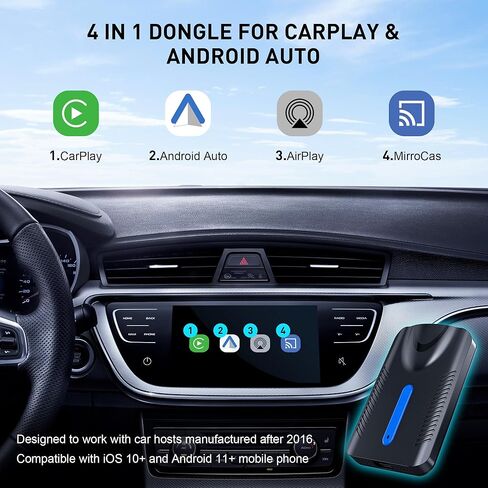 محول CarPlay اللاسلكي وAndroid Auto، 4 في 1 AI Box Lite لسيارات CarPlay السلكية أو Android Auto، اتصال ثنائي القناة، التوصيل والتشغيل، مع وظيفة Airplay MirroCast in Kuwait