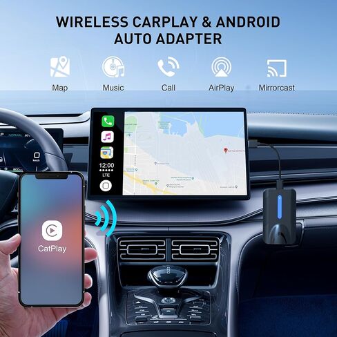 محول CarPlay اللاسلكي وAndroid Auto، 4 في 1 AI Box Lite لسيارات CarPlay السلكية أو Android Auto، اتصال ثنائي القناة، التوصيل والتشغيل، مع وظيفة Airplay MirroCast in Kuwait