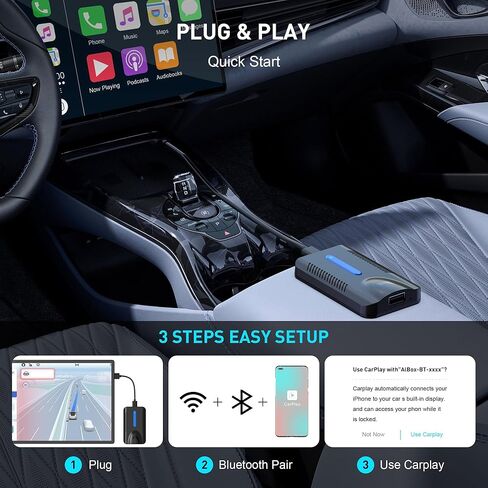 محول CarPlay اللاسلكي وAndroid Auto، 4 في 1 AI Box Lite لسيارات CarPlay السلكية أو Android Auto، اتصال ثنائي القناة، التوصيل والتشغيل، مع وظيفة Airplay MirroCast in Kuwait
