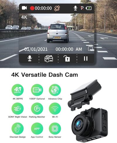 كاميرا داش كام 4K مدمجة واي فاي مسجل كاميرا لوحة القيادة للسيارة مع UHD 2160P، شاشة LCD 2 بوصة، زاوية واسعة 170 درجة، رؤية ليلية، شاشة ركن السيارة على مدار 24 ساعة، تسجيل حلقي، تطبيق دعم كاميرا السيارة in Kuwait
