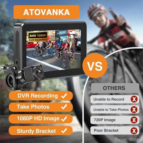 كاميرا رؤية خلفية للدراجة من اتوفانكا مع تسجيل 4.3 انش HD 1080P كاميرا رؤية خلفية للدراجة مقاومة للماء IP68 متوافقة مع الدراجة الالكترونية والجبلية ودراجة الطريق in Kuwait