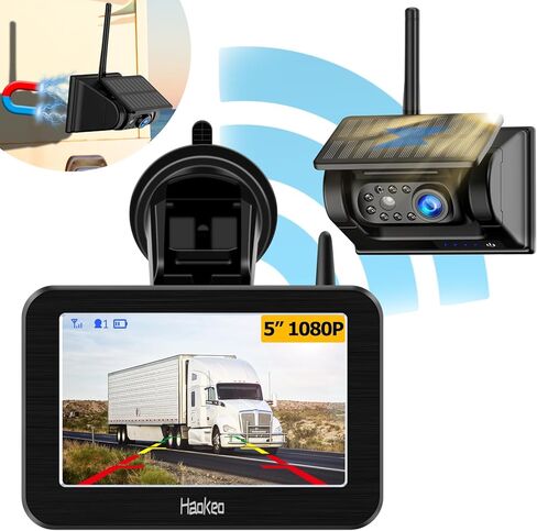 Magnetic Solar Wireless Backup Camera with HD1080P 5 Inch Monitor, Rechargeable Waterproof IR Night Vision Camera, No Wiring No Drilling, for Front/Rear View Camera System for Trailer/Truck/RV/Caravan in Kuwait