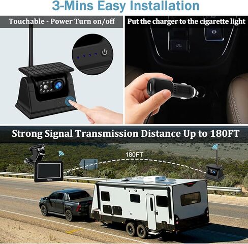Magnetic Solar Wireless Backup Camera with HD1080P 5 Inch Monitor, Rechargeable Waterproof IR Night Vision Camera, No Wiring No Drilling, for Front/Rear View Camera System for Trailer/Truck/RV/Caravan in Kuwait