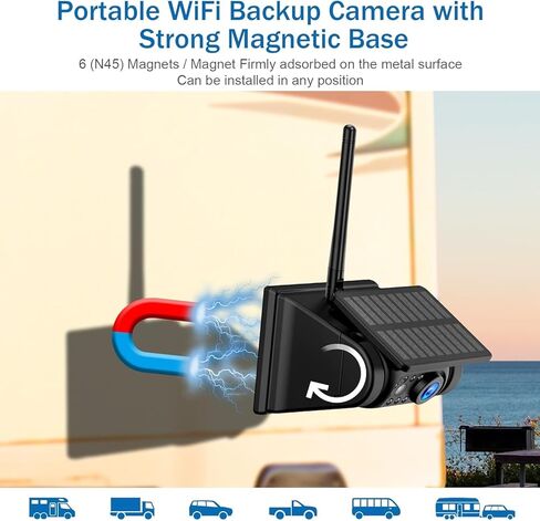 Magnetic Solar Wireless Backup Camera with HD1080P 5 Inch Monitor, Rechargeable Waterproof IR Night Vision Camera, No Wiring No Drilling, for Front/Rear View Camera System for Trailer/Truck/RV/Caravan in Kuwait
