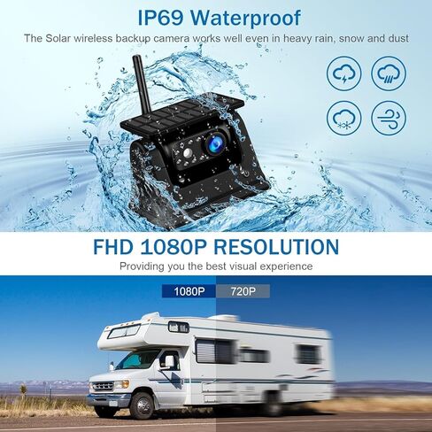 Magnetic Solar Wireless Backup Camera with HD1080P 5 Inch Monitor, Rechargeable Waterproof IR Night Vision Camera, No Wiring No Drilling, for Front/Rear View Camera System for Trailer/Truck/RV/Caravan in Kuwait