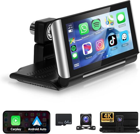 شاشة Apple Carplay لاسلكية محمولة للسيارة، شاشة Rimoody 6.86 بوصة HD IPS، شاشة Carplay لاسلكية/Android للسيارة، مع جهاز إرسال AUX/FM، كاميرا داش 4K، وصلة مرآة، بلوتوث، AirPlay in Saudi Arabia