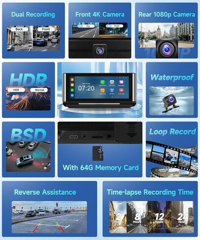 شاشة Apple Carplay لاسلكية محمولة للسيارة، شاشة Rimoody 6.86 بوصة HD IPS، شاشة Carplay لاسلكية/Android للسيارة، مع جهاز إرسال AUX/FM، كاميرا داش 4K، وصلة مرآة، بلوتوث، AirPlay in Saudi Arabia