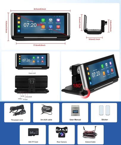 شاشة Apple Carplay لاسلكية محمولة للسيارة، شاشة Rimoody 6.86 بوصة HD IPS، شاشة Carplay لاسلكية/Android للسيارة، مع جهاز إرسال AUX/FM، كاميرا داش 4K، وصلة مرآة، بلوتوث، AirPlay in Saudi Arabia
