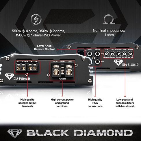 Black Diamond DIA-P1500x1D Car Audio Amplifier Class D 1 Channel Monoblock Amp 1500 Watts RMS, Remote Level Control Included in Kuwait