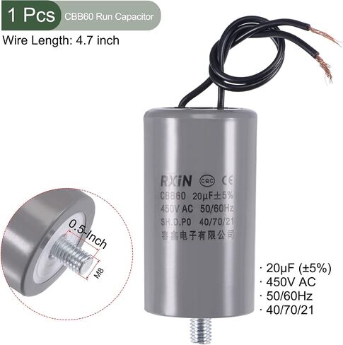 YOKIVE CBB60 Run Capacitor, 450V AC 20uF 50/60Hz with M8 Fixing Stud Run Round Capacitor, Low Loss, Great for Washing Machines Motor (Black, 74x40mm) in Saudi Arabia