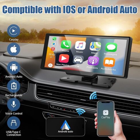 9.6" Portable Apple CarPlay Screen & Android Auto Wireless Display Car Stereo, 2.5K Front Cam and 1600P Dash Cam,Built-in Bluetooth/AUX/FM,Car Audio Receivers in Kuwait