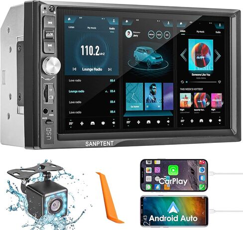 Double Din Car Stereo Compatible with Apple Carplay and Android Auto, 7-Inch HD Touchscreen with Voice Control, Mirror Link, Rear View Camera, Bluetooth, AM/FM Radio Audio Receiver, USB/TF/AUX Port in Kuwait
