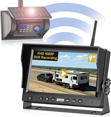 Magnetic Solar RV Trailer Wireless Backup Camera HD 1080P 9'' DVR Monitor, Easy Setup Plug and Play for Furrion Pre-Wired System Recording, Truck Back Up Camera for Hitch Towing Travel Camper in Kuwait