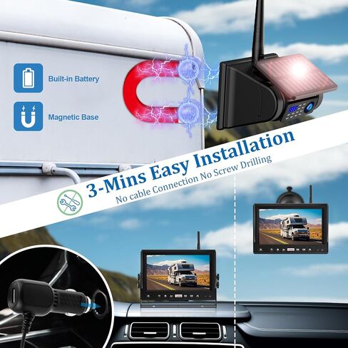 Magnetic Solar RV Trailer Wireless Backup Camera HD 1080P 9'' DVR Monitor, Easy Setup Plug and Play for Furrion Pre-Wired System Recording, Truck Back Up Camera for Hitch Towing Travel Camper in Kuwait