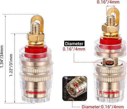 Facmogu 2 زوج من سدادات الموز الصغيرة المعزولة المطلية بالذهب بخمسة اتجاهات 4 مم، مطلية بالذهب عيار 24 قيراط، مكبر صوت نحاسي مباع، عمود ربط الموز، أسود وأحمر - طويل in Kuwait