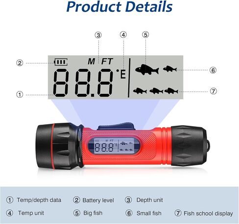 Handheld Sonar Depth Finder, AdaLov Portable Ice Fish Finder with Temperature, Depth Sonar Transducer Fishing Finder LCD Display Handheld Waterproof Fish Detecto, 300 Feet in Kuwait