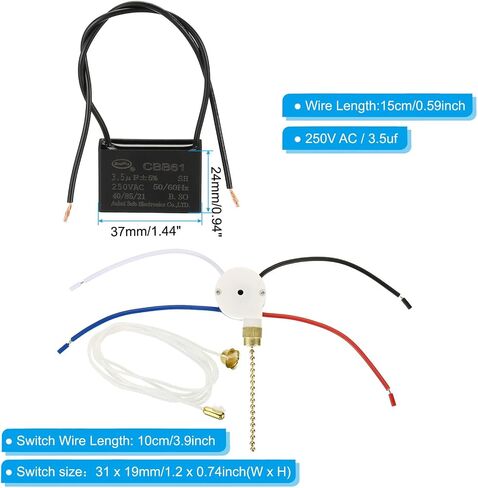 PATIKIL CBB61 Ceiling Fan Capacitor, 1Set 12uF 250V AC 50/60HZ 2 Wires with 3 Speed Fan Switch for Air Conditioner Fan Motor Star Run Capacitors in Kuwait
