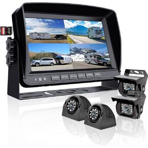 RV Backup Camera System with 7'' Monitor Wired for Car RV Semi Box Truck Trailer, 4 Split Screen Quad View HD DVR Record Monitor + IP69 Waterproof Night Vision Rear Side View Camera Avoid Blind Spot