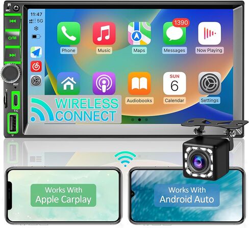 [ترقية] CarPlay/Android Auto، ستيريو سيارة مزدوج الدين متوافق مع التحكم الصوتي، شاشة لمس LCD عالية الدقة 7 بوصة، بلوتوث، مضخم صوت، منفذ USB/Type-C/SD، مستقبل راديو السيارة A/FM، كاميرا احتياطية in Kuwait