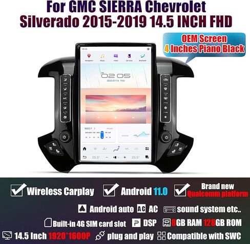 AuCar لـ GMC Sierra شيفروليه سيلفرادو 2015-2019 وحدة رأس راديو السيارة، 14.4 بوصة طراز Tesla Android 11 8+128 جيجابايت مشغل فيديو ستيريو متعدد الوسائط للسيارة متوافق مع شاشة OEM مقاس 8 بوصات - رمادي فضي in Kuwait