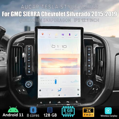 AuCar لـ GMC Sierra شيفروليه سيلفرادو 2015-2019 وحدة رأس راديو السيارة، 14.4 بوصة طراز Tesla Android 11 8+128 جيجابايت مشغل فيديو ستيريو متعدد الوسائط للسيارة متوافق مع شاشة OEM مقاس 8 بوصات - رمادي فضي in Kuwait
