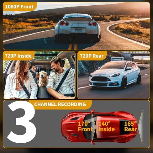 Yansoo 3 Channel Dash Cam أمامية وخلفية من الداخل، كاميرا ثلاثية الاتجاهات بدقة 1080 بكسل للسيارات ذات زاوية واسعة، رؤية ليلية 4IR، تسجيل حلقة Uber لكاميرا السيارة، مستشعر G، شاشة وقوف السيارات، تسجيل 24 ساعة in Kuwait