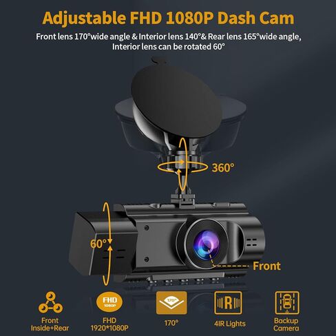 Yansoo 3 Channel Dash Cam أمامية وخلفية من الداخل، كاميرا ثلاثية الاتجاهات بدقة 1080 بكسل للسيارات ذات زاوية واسعة، رؤية ليلية 4IR، تسجيل حلقة Uber لكاميرا السيارة، مستشعر G، شاشة وقوف السيارات، تسجيل 24 ساعة in Kuwait