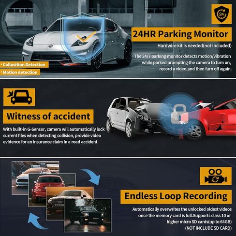 Yansoo 3 Channel Dash Cam أمامية وخلفية من الداخل، كاميرا ثلاثية الاتجاهات بدقة 1080 بكسل للسيارات ذات زاوية واسعة، رؤية ليلية 4IR، تسجيل حلقة Uber لكاميرا السيارة، مستشعر G، شاشة وقوف السيارات، تسجيل 24 ساعة in Kuwait