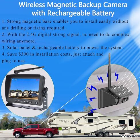 نظام كاميرا احتياطية مغناطيسية لاسلكية تعمل بالطاقة الشمسية للسيارة RV Truck Trailer 5th Wheel Pickup Camper Bus، شاشة 1080P HD 7 بوصة + كاميرا IP69 مقاومة للماء للرؤية الخلفية قابلة لإعادة الشحن مع مغناطيس البطارية in Kuwait