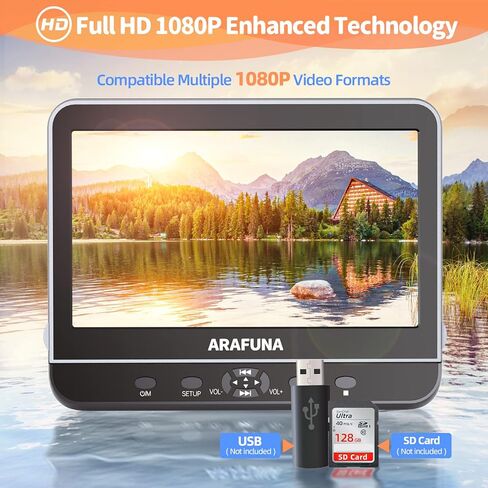 مشغل دي في دي مزدوج محمول 10.5 انش مع مدخل HDMI، مشغل دي في دي ارافونا للسيارة بشاشة مزدوجة لتشغيل نفس او فيلمين مختلفين، مشغل دي في دي لمسند الراس يدعم فيديو HD 1080P ومنفذ USB/SD، ذاكرة اخر in Kuwait