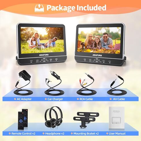 مشغل دي في دي مزدوج محمول 10.5 انش مع مدخل HDMI، مشغل دي في دي ارافونا للسيارة بشاشة مزدوجة لتشغيل نفس او فيلمين مختلفين، مشغل دي في دي لمسند الراس يدعم فيديو HD 1080P ومنفذ USB/SD، ذاكرة اخر in Kuwait