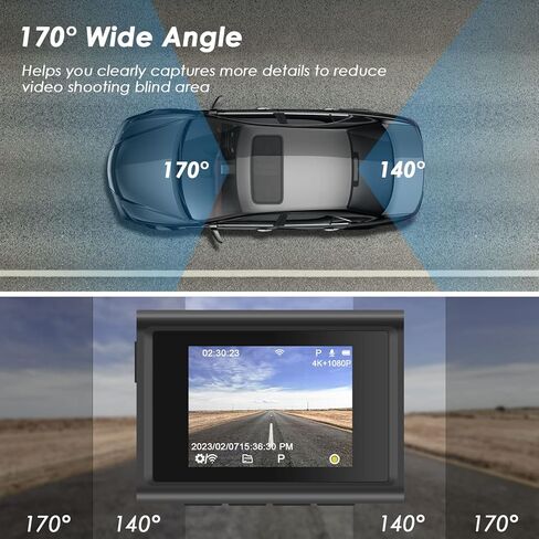 كاميرا داش كام أمامية وخلفية، كاميرات داش كام 4K + 1080P للسيارات مع واي فاي GPS مدمج، كاميرا شاشة IPS 2 بوصة مستشعر سوني، تأتي مع بطاقة 128G U3، رؤية ليلية، زاوية واسعة 170 درجة، WDR، وضع انتظار 24 ساعة in Kuwait