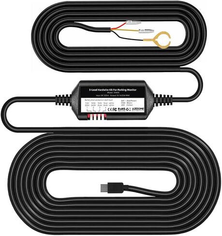 ازدوم مجموعة اسلاك صلبة من 3 رصاص، منفذ نوع C، 12 قدم مع مجموعة فيوزات، لكاميرا داش 24 ساعة، وضع مراقبة وقوف السيارات، تحويل 12 فولت - 24 فولت الى مخرج 5 فولت/2.5 امبير كحد اقصى in Kuwait