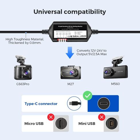 ازدوم مجموعة اسلاك صلبة من 3 رصاص، منفذ نوع C، 12 قدم مع مجموعة فيوزات، لكاميرا داش 24 ساعة، وضع مراقبة وقوف السيارات، تحويل 12 فولت - 24 فولت الى مخرج 5 فولت/2.5 امبير كحد اقصى in Kuwait