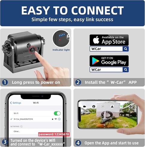 كاميرا احتياطية لاسلكية 720P واي فاي مغناطيسية للمقطورة الخلفية / الامامية لشاحنة بيك اب / مقطورة الحصان / ار في / سيارة التخييم العكسية، بطارية قابلة لاعادة الشحن، متوافقة مع ايفون واندرويد in Kuwait