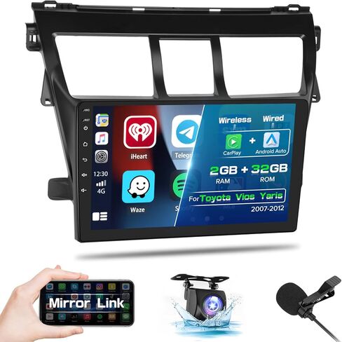 Roinvou 2+32G Android CarPlay Stereo for 2007-2012 Toyota Yaris Vios, 9'' Touch Screen in-Dash GPS Navigation with Built-in Wireless CarPlay Android Auto Support Mirror Link BT RDS AHD DSP in Kuwait