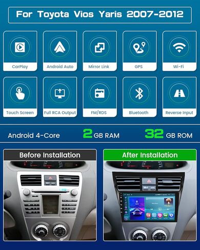 Roinvou 2+32G Android CarPlay Stereo for 2007-2012 Toyota Yaris Vios, 9'' Touch Screen in-Dash GPS Navigation with Built-in Wireless CarPlay Android Auto Support Mirror Link BT RDS AHD DSP in Kuwait