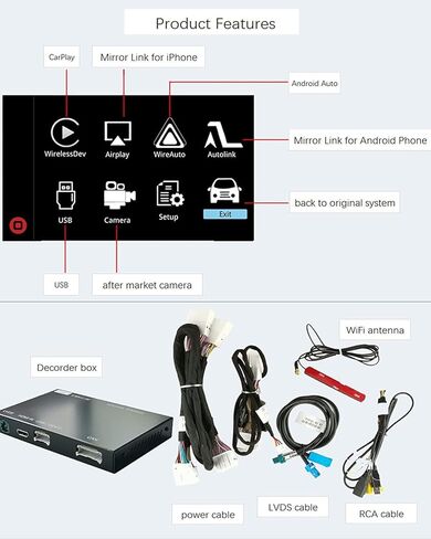مجموعة فك تشفير كاربلاي لاسلكية لسيارة لكزس RX NX ES UX LS LX RC LC is GS RX350 RX300 NX300 ES350 ES300 IS250 2014-2019 سنة، تدعم اندرويد اوتو وميرورلينك وكاميرا عكسية ويوتيوب in Kuwait