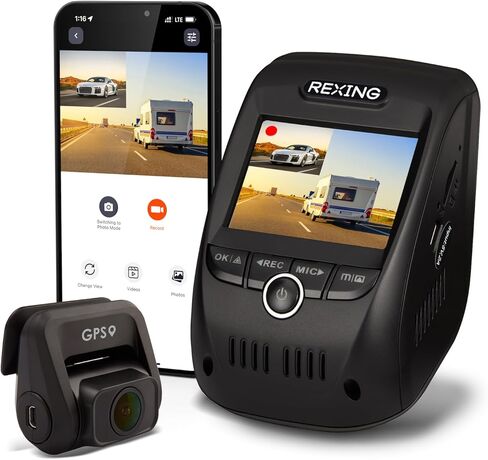 كاميرا قياس مزدوجة RexingUSA V1P Pro: أمامية وخلفية بدقة 1080 بكسل عالية الدقة، واي فاي، مسجل نظام تحديد المواقع العالمي (GPS)، زاوية واسعة 170 درجة، شاشة LCD 2.4 بوصة، مستشعر G، تسجيل حلقة، وصول إلى التطبيق، مكثف فائق in Kuwait