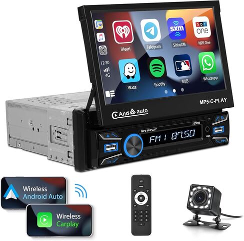 UNITOPSCI Single Din 7 Inch Motorized Flip Out Touchscreen Car Stereo with Wireless Apple CarPlay Android Auto Bluetooth Mirror Link FM Radio USB/AUX in/TF Card Input + Backup Camera Remote Control in Saudi Arabia
