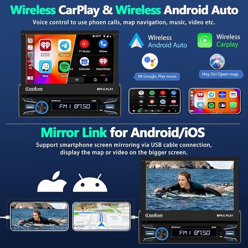 UNITOPSCI Single Din 7 Inch Motorized Flip Out Touchscreen Car Stereo with Wireless Apple CarPlay Android Auto Bluetooth Mirror Link FM Radio USB/AUX in/TF Card Input + Backup Camera Remote Control in Saudi Arabia
