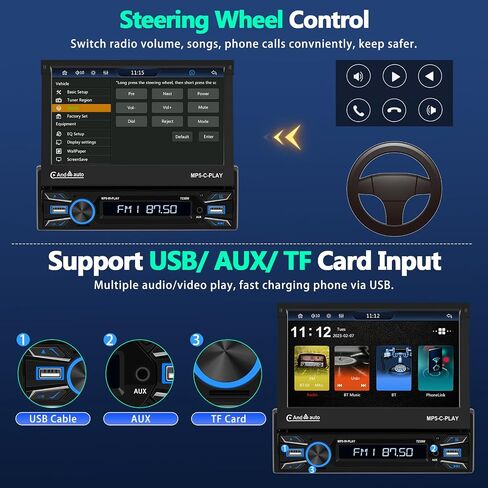 UNITOPSCI Single Din 7 Inch Motorized Flip Out Touchscreen Car Stereo with Wireless Apple CarPlay Android Auto Bluetooth Mirror Link FM Radio USB/AUX in/TF Card Input + Backup Camera Remote Control in Saudi Arabia