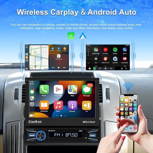 UNITOPSCI Single Din 7 Inch Motorized Flip Out Touchscreen Car Stereo with Wireless Apple CarPlay Android Auto Bluetooth Mirror Link FM Radio USB/AUX in/TF Card Input + Backup Camera Remote Control in Saudi Arabia