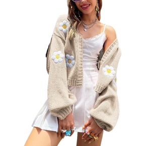 Womens Y2K Cardigan Sweaters Long Sleeve Open Front Cropped Flower Knit Cardigan Aesthetic 90s Shrug Back to College Outfits in Kuwait