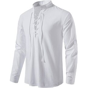 mogenda Men’s Retro Lace up Long Sleeve Linen Shirts Renaissance Henley Shirt, Medieval Viking Costume Pirate Tops