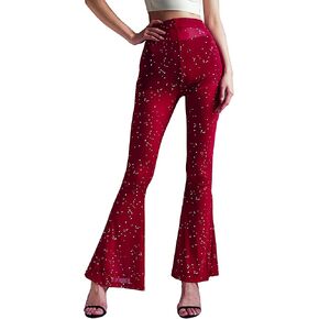Anlaey Women's Rave Mesh Sheer Sparkly Pants Sequin Flared Bell Bottom Pants Sexy Rave Outfits for Festival Dance Clubwear
