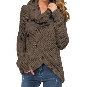 GRECERELLE Women's Solid Color Chunky Button Pullover Sweater Turtle Cowl Neck Asymmetric Hem Knit Sweater in Kuwait