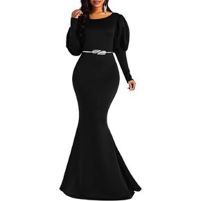Memoriesea Women's Elegant Long Puff Sleeve Crew Neck Bodycon Mermaid Evening Gown Maxi Dress in Saudi Arabia