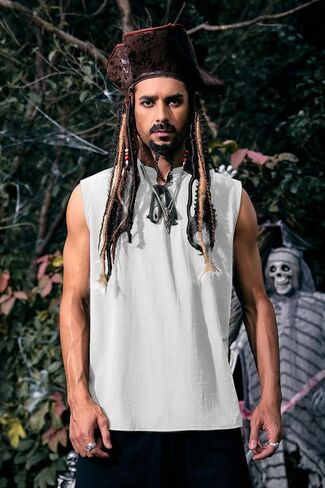 Mens Renaissance Pirate T Shirts Viking Medieval Sleeveless Lace Up Costume Scottish Cotton Tank Top in Saudi Arabia